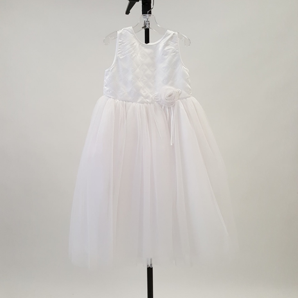 White Flower-Accent Tulle Formal Dress for Girls